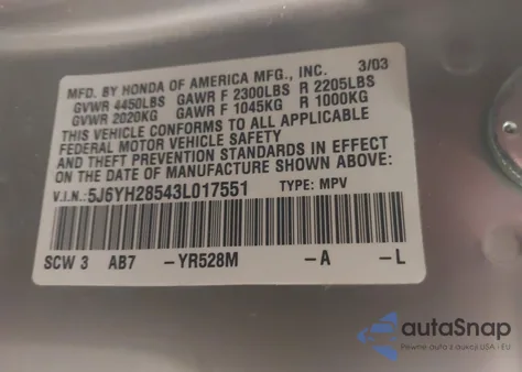 2003 Honda Element Ex z USA, uszkodzony, nr VIN 5J6YH28543L017551